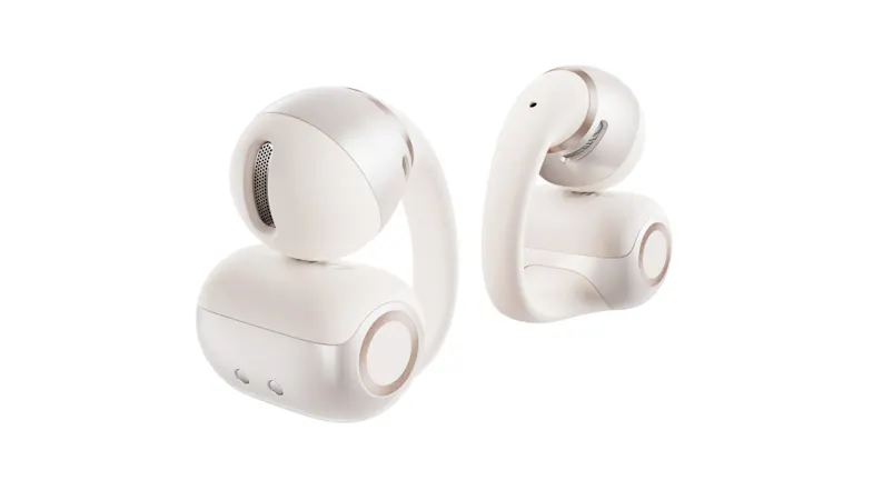 Close-up view of two white earbuds showcasing their curved hooks Close-up view of two white earbuds showcasing their curved hooks