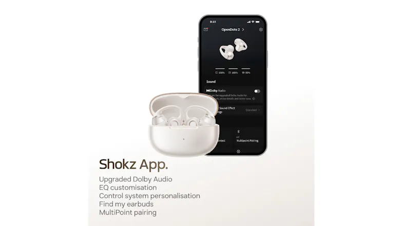 Shokz app displays a view of a mobile application showcasing control settings Shokz app displays a view of a mobile application showcasing control settings