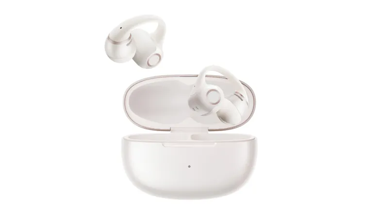 Front view of open charging case showing docked earbuds inside Front view of open charging case showing docked earbuds inside