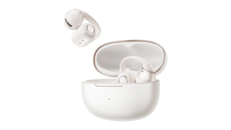 Front view of open charging case with floating earbuds above Front view of open charging case with floating earbuds above