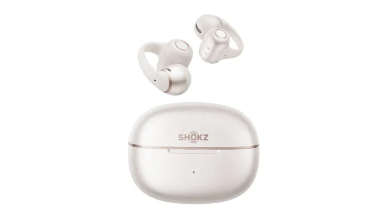 Closed charging case featuring two floating earbuds hovering overhead Closed charging case featuring two floating earbuds hovering overhead