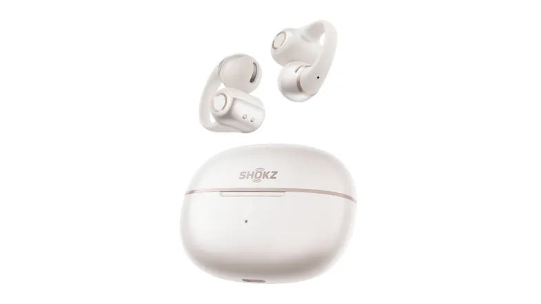 Front view of closed charging case with floating earbuds above Front view of closed charging case with floating earbuds above