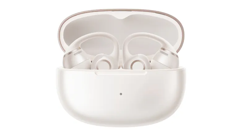 Front view of a wide-open charging case highlighting docked earbuds Front view of a wide-open charging case highlighting docked earbuds