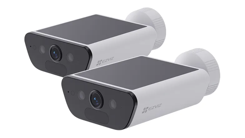 Two EZVIZ CB5 4K wire-free outdoor security cameras in white, shown together at an angled view Two EZVIZ CB5 4K wire-free outdoor security cameras in white, shown together at an angled view