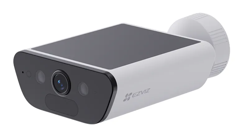 Angled side view of the CB5 4K security camera featuring a sleek white housing and front camera lens Angled side view of the CB5 4K security camera featuring a sleek white housing and front camera lens