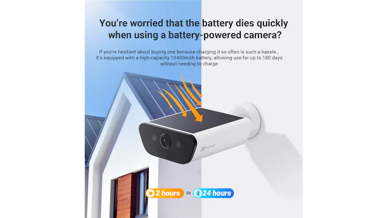 Feature graphic of the security camera mounted on a house exterior, illustrating solar-assisted charging Feature graphic of the security camera mounted on a house exterior, illustrating solar-assisted charging