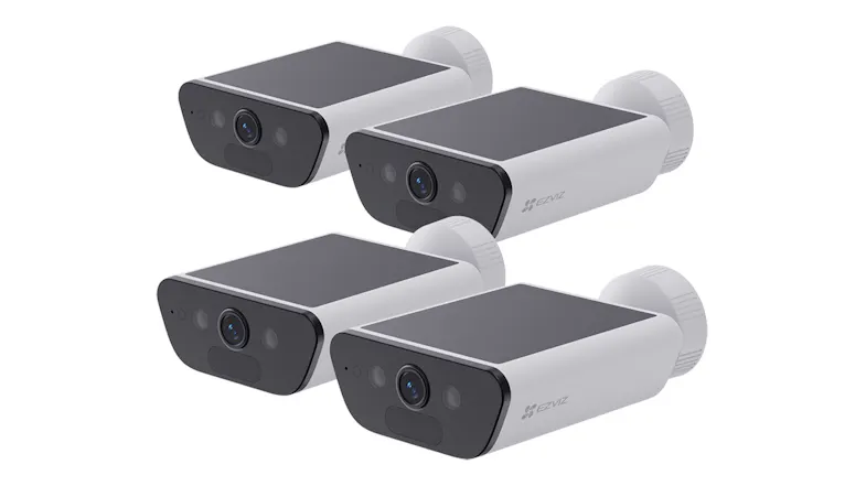 Four EZVIZ CB5 4K wire-free outdoor security cameras in white, shown together at an angled view Four EZVIZ CB5 4K wire-free outdoor security cameras in white, shown together at an angled view
