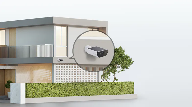 Illustration of the EZVIZ CB5 monitoring a modern home, showing wide-area surveillance coverage Illustration of the EZVIZ CB5 monitoring a modern home, showing wide-area surveillance coverage