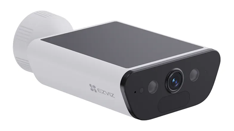 Front angled view of the 4K security camera, showcasing the central lens and built-in sensors Front angled view of the 4K security camera, showcasing the central lens and built-in sensors