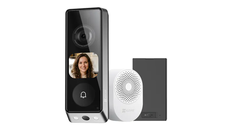 EZVIZ EP8 Ultra smart video doorbell kit featuring a dual-lens doorbell unit, round white chime, and black rechargeable battery EZVIZ EP8 Ultra smart video doorbell kit featuring a dual-lens doorbell unit, round white chime, and black rechargeable battery