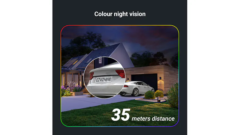 Promo graphic of the white camera showcasing colour night vision Promo graphic of the white camera showcasing colour night vision