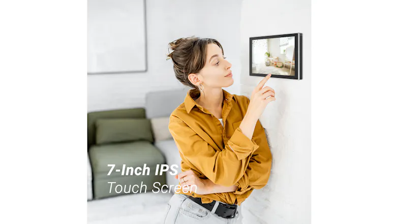 Woman tapping a wall-mounted EZVIZ display, overlaid with "7-Inch IPS Touch Screen" text Woman tapping a wall-mounted EZVIZ display, overlaid with "7-Inch IPS Touch Screen" text