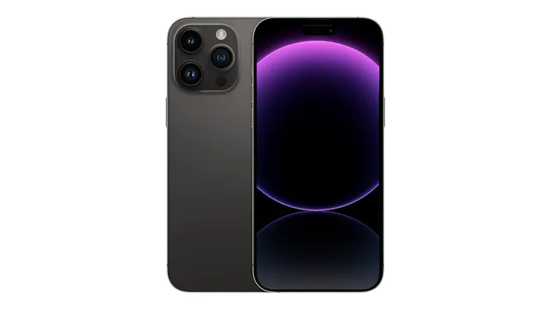Space Black Apple iPhone 14 Pro Max shown from the front and back, featuring a triple-camera system and a purple gradient screen wallpaper Space Black Apple iPhone 14 Pro Max shown from the front and back, featuring a triple-camera system and a purple gradient screen wallpaper