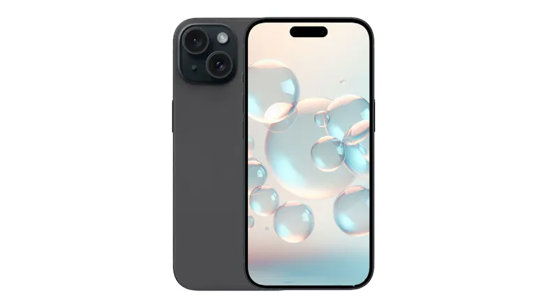 Front and back view of a black Apple iPhone 15 with a bubble-themed wallpaper displayed on the screen Front and back view of a black Apple iPhone 15 with a bubble-themed wallpaper displayed on the screen
