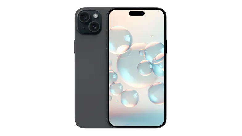 Front and back view of the Apple iPhone 15 Plus with dual rear cameras and a bubble-themed display Front and back view of the Apple iPhone 15 Plus with dual rear cameras and a bubble-themed display