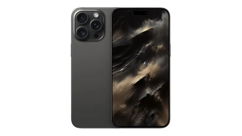 Apple iPhone 15 Pro Max in black titanium, showing its rear panel and front screen display Apple iPhone 15 Pro Max in black titanium, showing its rear panel and front screen display