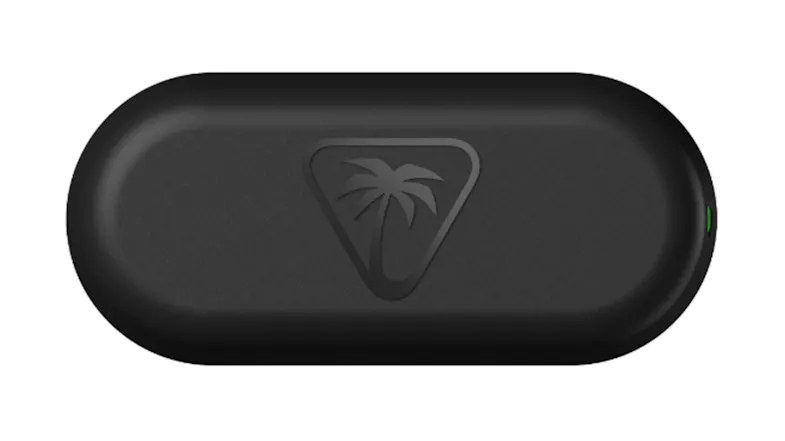 A black USB transmitter with the Turtle Beach logo A black USB transmitter with the Turtle Beach logo