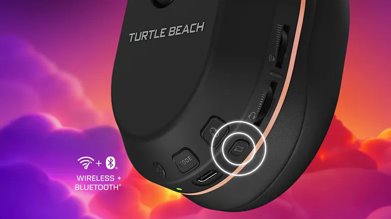 Close-up view of the headset highlighting the wireless + Bluetooth button Close-up view of the headset highlighting the wireless + Bluetooth button