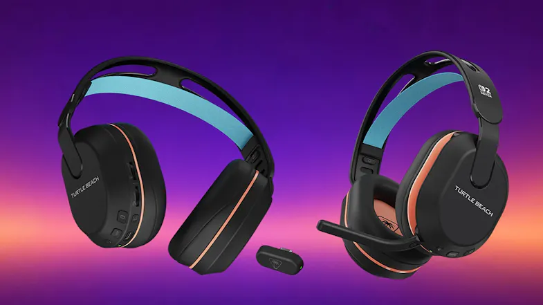 Two Turtle Beach Stealth 500 headsets and a USB transmitter side-by-side Two Turtle Beach Stealth 500 headsets and a USB transmitter side-by-side