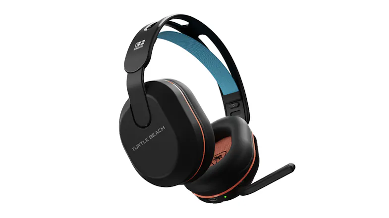 Angled view of the gaming headset showing the attached boom microphone Angled view of the gaming headset showing the attached boom microphone