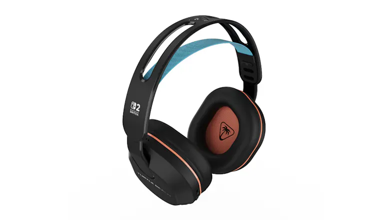Perspective view of the wireless headset with orange accents Perspective view of the wireless headset with orange accents