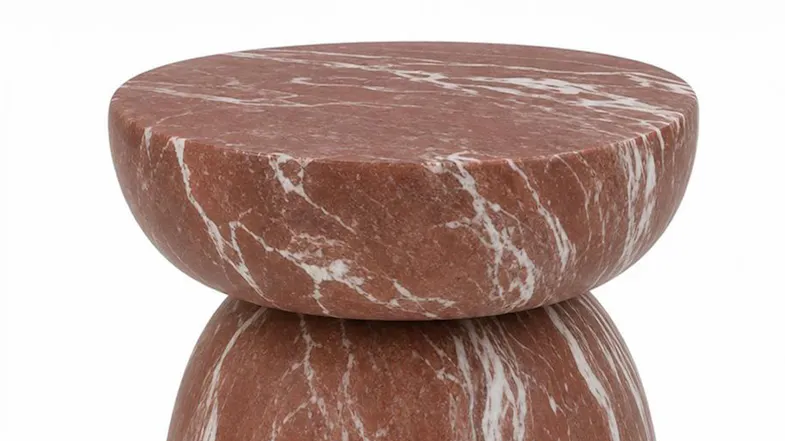 Close-up of the Lima MGO Stool's rounded tabletop, highlighting the rich burgundy marble-effect finish Close-up of the Lima MGO Stool's rounded tabletop, highlighting the rich burgundy marble-effect finish