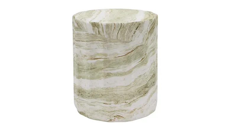 Waves Jade Marble MGO Stool featuring a cylindrical silhouette with softly textured, wave-inspired edges Waves Jade Marble MGO Stool featuring a cylindrical silhouette with softly textured, wave-inspired edges