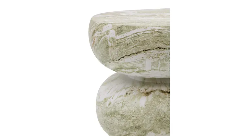 Side profile of the Bae Stool showcasing its stacked silhouette and smooth jade marble-look finish Side profile of the Bae Stool showcasing its stacked silhouette and smooth jade marble-look finish