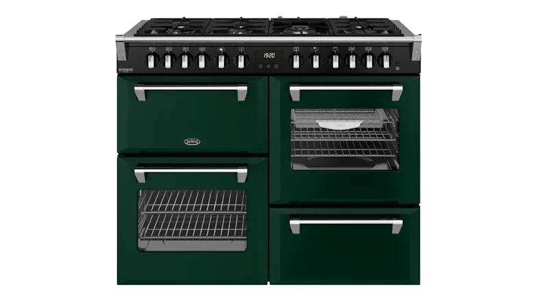 Front view of a British racing green Belling 110cm Freestanding Cooker with black control panel Front view of a British racing green Belling 110cm Freestanding Cooker with black control panel