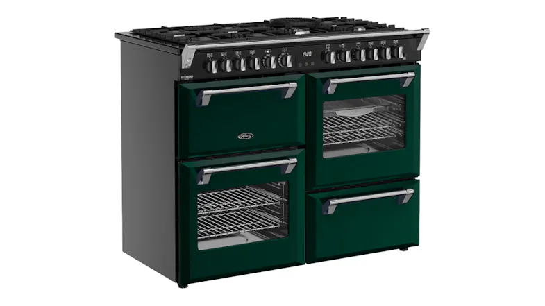 Angled view of a Belling Colour Boutique Richmond Deluxe Cooker showcasing the side and front Angled view of a Belling Colour Boutique Richmond Deluxe Cooker showcasing the side and front