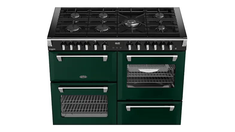Overhead view of the black gas grates and cooktop on a Belling freestanding cooker Overhead view of the black gas grates and cooktop on a Belling freestanding cooker