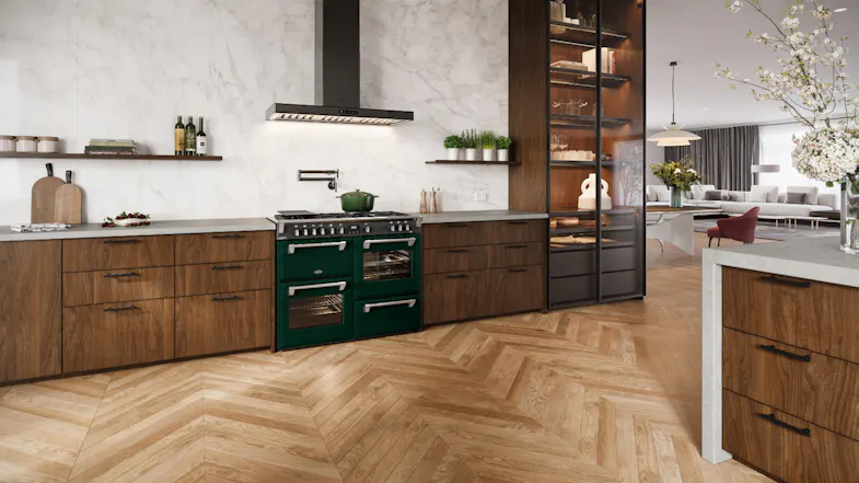 Belling Cooker installed in a modern kitchen with dark wood cabinets and herringbone floors Belling Cooker installed in a modern kitchen with dark wood cabinets and herringbone floors