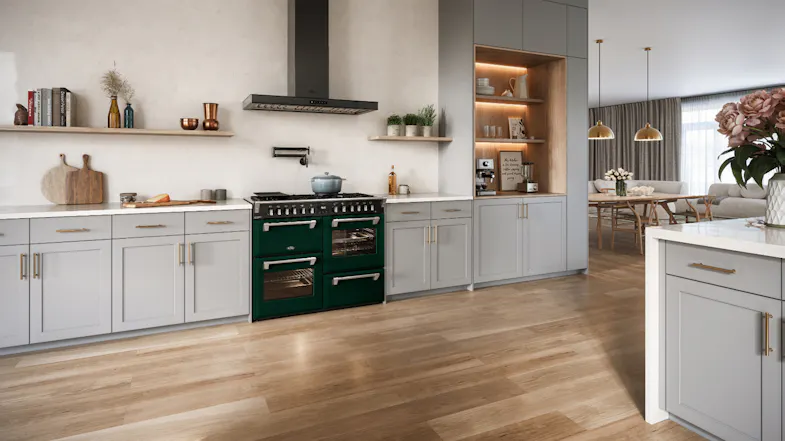 British racing green Belling Cooker featured in a bright modern kitchen with light grey shaker cabinets British racing green Belling Cooker featured in a bright modern kitchen with light grey shaker cabinets
