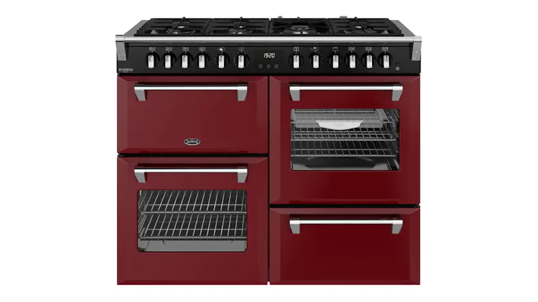 Front view of a garnet red Belling 110cm Freestanding Cooker with black control panel Front view of a garnet red Belling 110cm Freestanding Cooker with black control panel