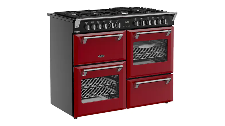 Angled view of a Belling Colour Boutique Richmond Deluxe Cooker showcasing the side and front Angled view of a Belling Colour Boutique Richmond Deluxe Cooker showcasing the side and front