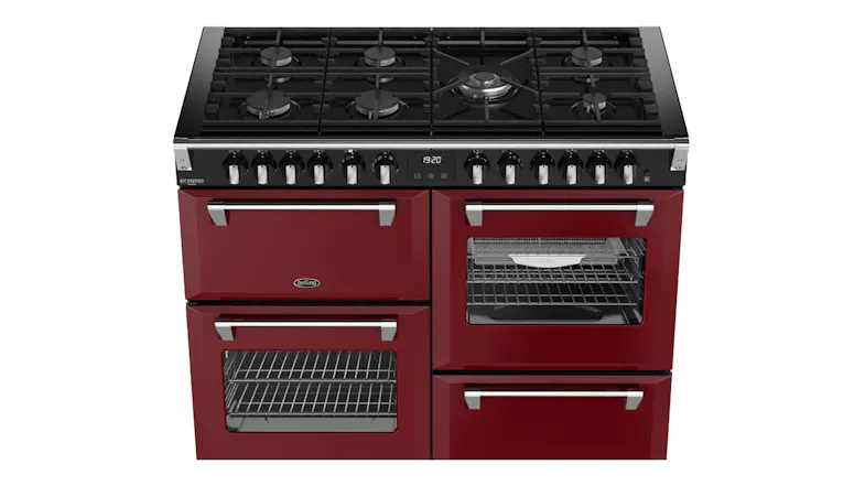 Overhead view of the black gas grates and cooktop on a Belling freestanding cooker Overhead view of the black gas grates and cooktop on a Belling freestanding cooker