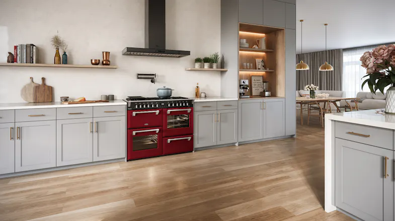 Garnet red Belling Cooker featured in a bright modern kitchen with light grey shaker cabinets Garnet red Belling Cooker featured in a bright modern kitchen with light grey shaker cabinets