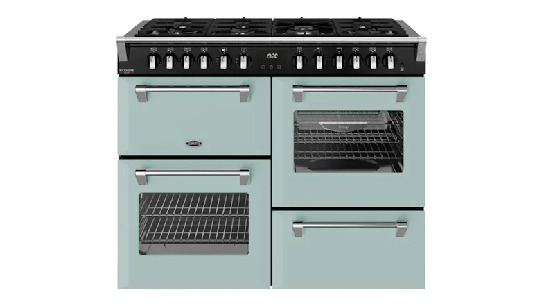 Front view of a seafoam blue Belling 110cm Freestanding Cooker with black control panel Front view of a seafoam blue Belling 110cm Freestanding Cooker with black control panel