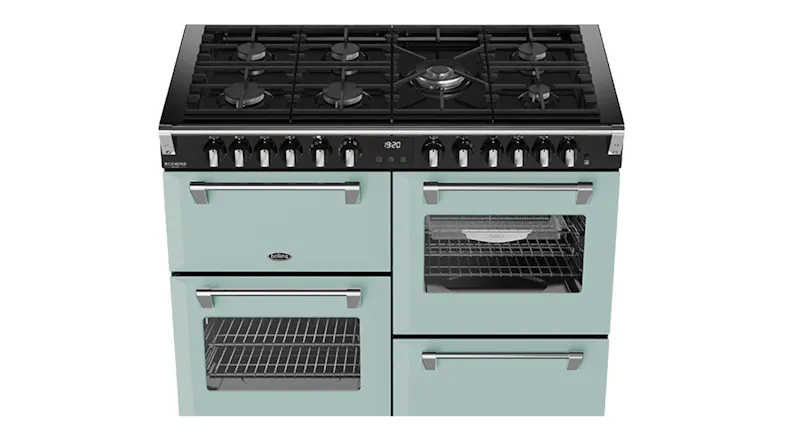 Overhead view of the black gas grates and cooktop on a Belling freestanding cooker Overhead view of the black gas grates and cooktop on a Belling freestanding cooker