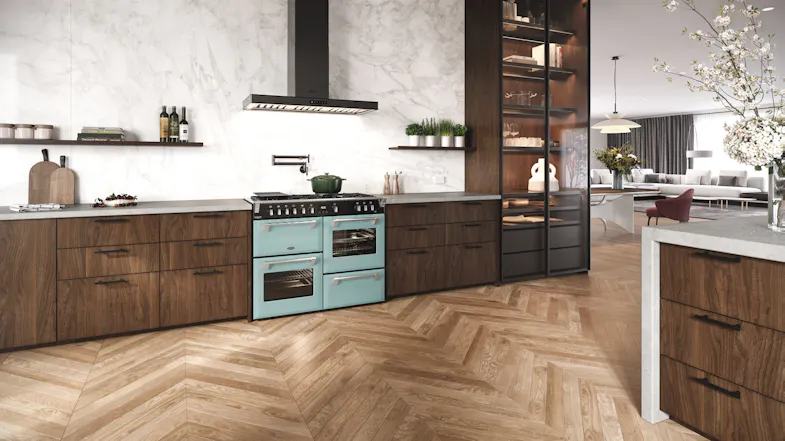 Belling Cooker installed in a modern kitchen with dark wood cabinets and herringbone floors Belling Cooker installed in a modern kitchen with dark wood cabinets and herringbone floors
