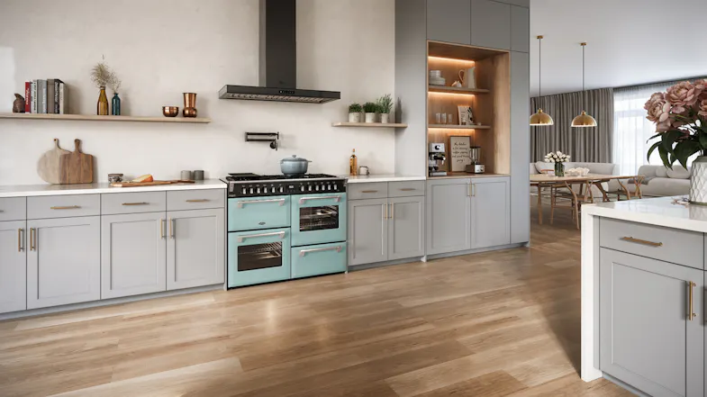 Seafoam blue Belling Cooker featured in a bright modern kitchen with light grey shaker cabinets Seafoam blue Belling Cooker featured in a bright modern kitchen with light grey shaker cabinets