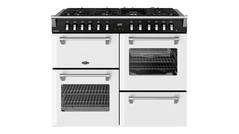 Front view of an ice white Belling 110cm Freestanding Cooker with black control panel Front view of an ice white Belling 110cm Freestanding Cooker with black control panel