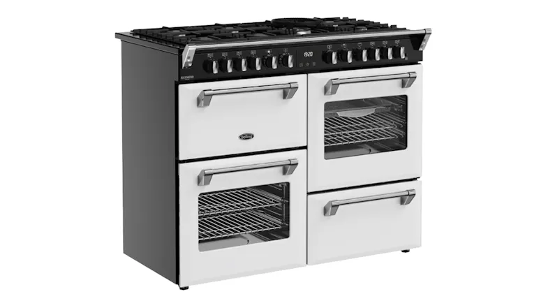 Angled view of a Belling Colour Boutique Richmond Deluxe Cooker showcasing the side and front Angled view of a Belling Colour Boutique Richmond Deluxe Cooker showcasing the side and front