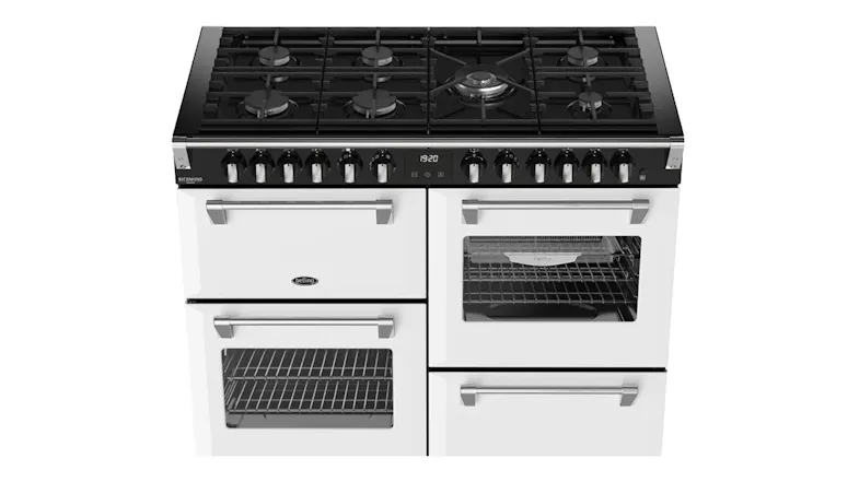 Overhead view of the black gas grates and cooktop on a Belling freestanding cooker Overhead view of the black gas grates and cooktop on a Belling freestanding cooker