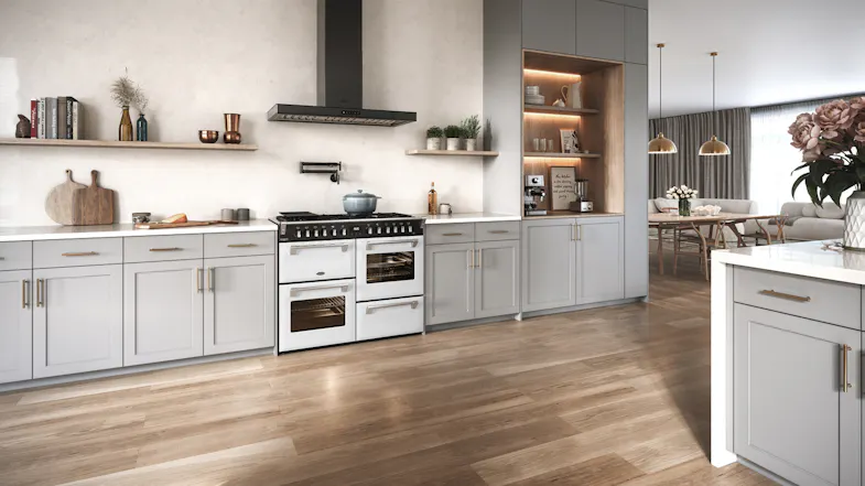 Ice white Belling Cooker featured in a bright modern kitchen with light grey shaker cabinets Ice white Belling Cooker featured in a bright modern kitchen with light grey shaker cabinets