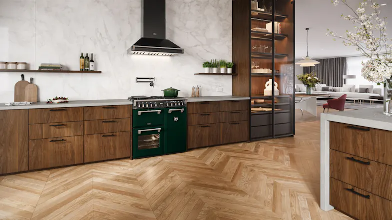 A modern kitchen with a Belling range oven and wood cabinetry A modern kitchen with a Belling range oven and wood cabinetry