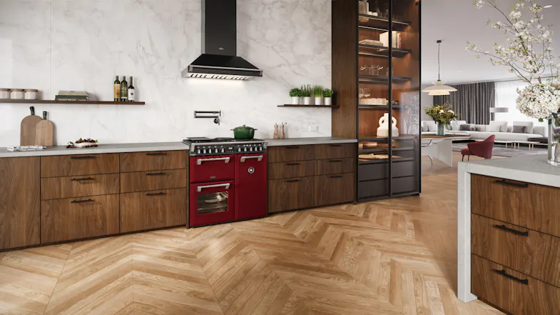 A modern kitchen with a Belling range oven and wood cabinetry A modern kitchen with a Belling range oven and wood cabinetry