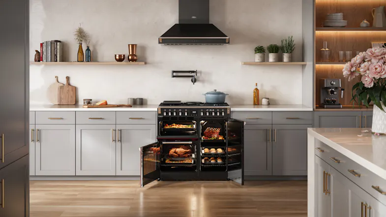 Front view of an open oven showing food roasting inside Front view of an open oven showing food roasting inside