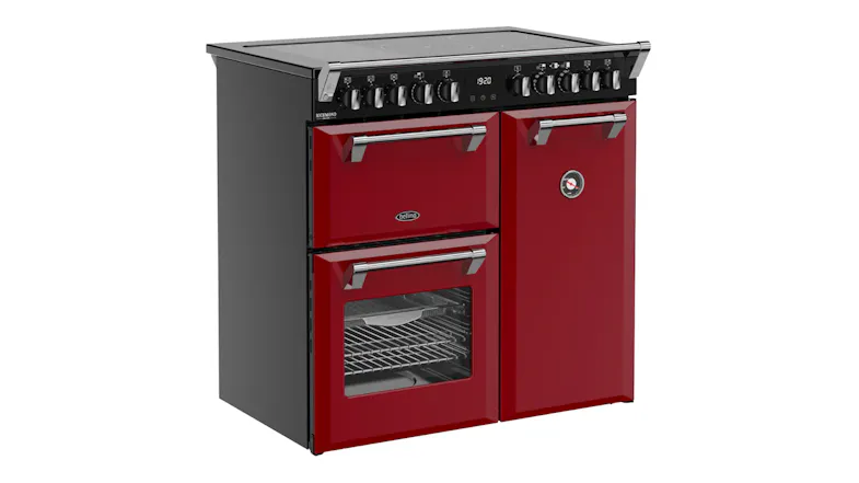 Angled front-left view of the Belling range cooker, showing the five-zone induction cooktop Angled front-left view of the Belling range cooker, showing the five-zone induction cooktop