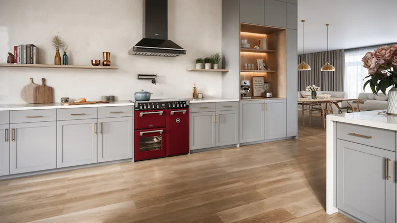Open-plan kitchen featuring the Belling 90cm Garnet Red freestanding cooker as a focal point Open-plan kitchen featuring the Belling 90cm Garnet Red freestanding cooker as a focal point
